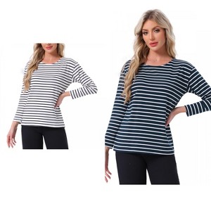 INSPIRE CHIC Women's 2 Pcs Cotton Contrast Stripe Pullover Top Long-Sleeve Lounge Pajama Blouse - 1 of 4