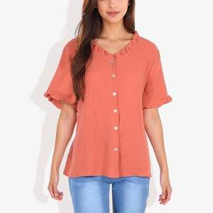 Anna-Kaci Women's Ruffle Neck Detail Short Sleeve Textured Button Down Detail Fashion Blouse - Medium, Burnt Red - 1 of 4