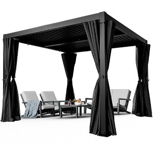 HAPPATIO Outdoor Louvered Pergola, Metal Pergola with Adjustable Rainproof Roof, Patio Pergola with Curtains and Mosquito Nets - 1 of 4