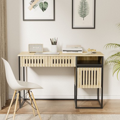 NicBex Rustic Writing Desk Working Table with Drawers&Shelves,Teak Wood Finish Computer Desk with Slatted Design,Natural