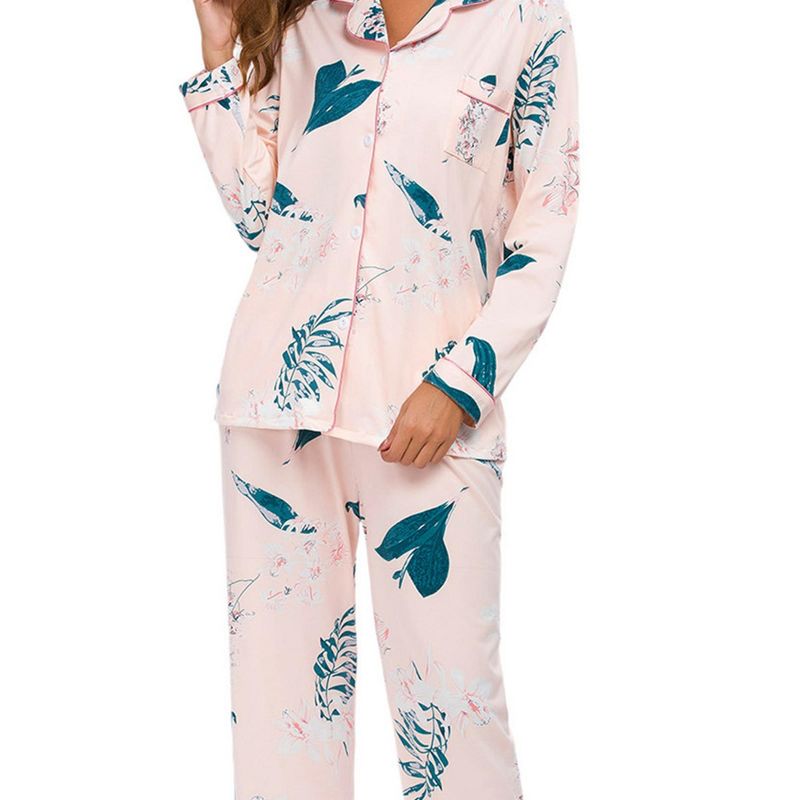 cheibear Women's Satin Silky Floral Button Down Long Sleeve Sleepshirt with Pants 2-Piece Pajama Set, 5 of 6