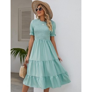 Women's Summer Crew Neck Short Sleeve Smocked Midi Dress Casual Elastic Waist Tiered A Line Maxi Dress - 1 of 4