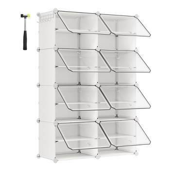 SONGMICS Shoe Rack 8 Cubes Shoe Organizer with Doors 32 Pair Plastic Shoe Storage Cabinet White