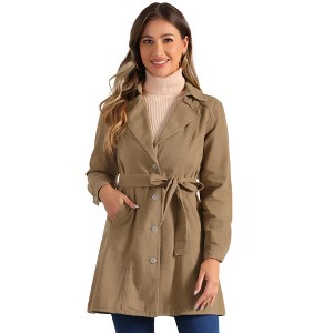 Allegra K Women's Notched Lapel Belted Trench Long Denim Jacket - 1 of 4