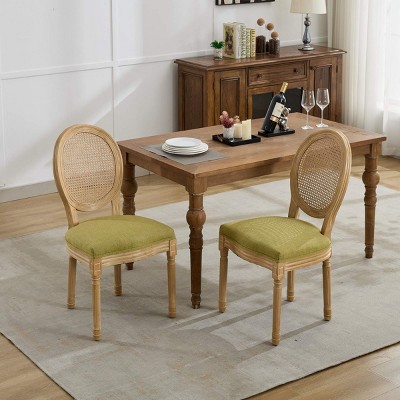 French Country Rattan Back Upholstered Dining Chairs Set of 2,Solid Wood Side Chairs with Linen Seat,Antique Finish–Maison Boucle
