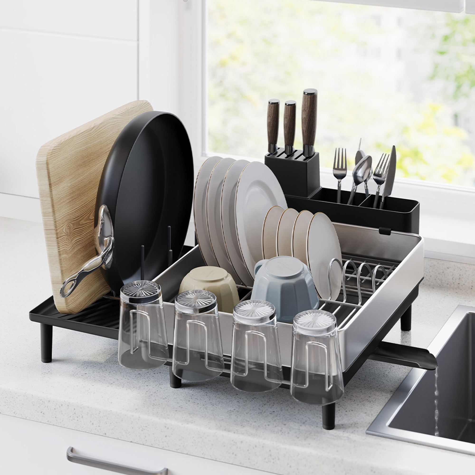 Expandable Dish Drying Rack for Kitchen Counter, Stainless Steel Dish Rack with Rotatable Spout, Utensil/Cup/Cutting Board Holders, Silver & Black