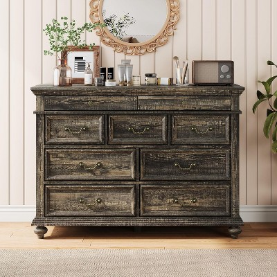 Garvee 47 Inch Farmhouse Dresser for Bedroom with 9 Drawers Rustic Wood Chest Polished Engineered Wood Vintage Metal Handles