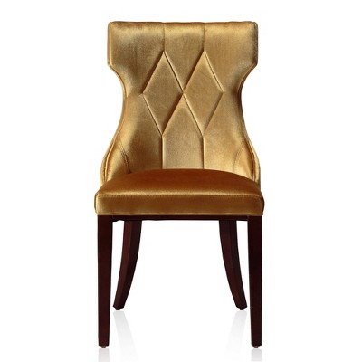 Antique Gold and Walnut Velvet Wingback Dining Chair Pair