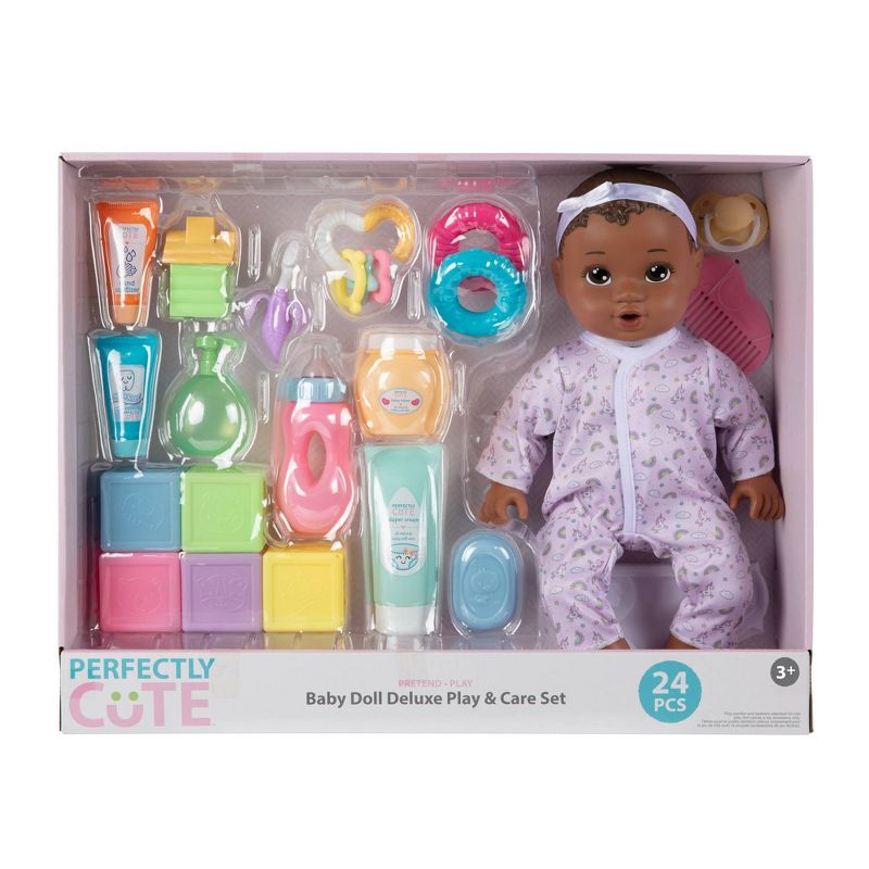 Perfectly Cute 24pc Baby Doll Deluxe Play and Care Set - Dark Brown Hair, 1 of 7