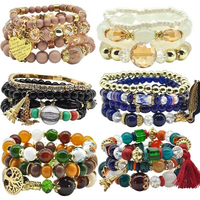 6 Sets Bohemian Stackable Stretch Bracelets Multi-color Boho Jewelry for Women with Various Charms