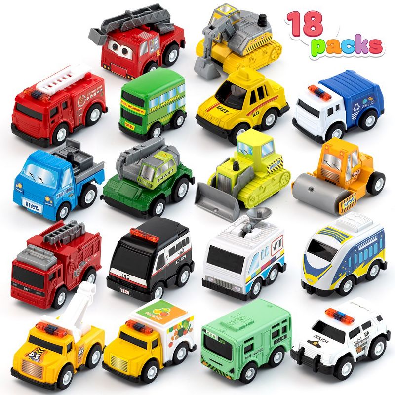 Syncfun 18 Pcs Pull Back City Cars and Trucks Toy Vehicles Set, Friction Powered Cars Toys for Toddlers, Boys, Girls’ Educational Play, Goodie Bags, 1 of 9