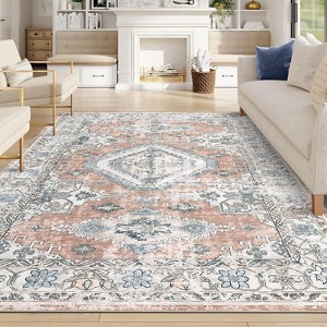 5x7 Vintage  Medallion Washable Area Rug, Low-Pile Non-Slip Soft Carpet for Living Room, Bedroom, Office, Farmhouse, Orange - 1 of 4