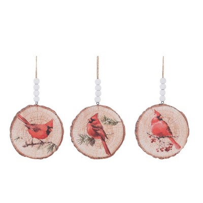 Transpac MDF Wood Slice Cardinal Ornament Set of 3 Christmas Home Decorations