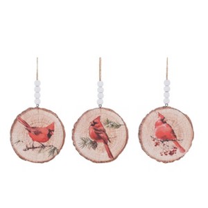 Transpac MDF Wood Slice Cardinal Ornament Set of 3 Christmas Home Decorations - 1 of 1