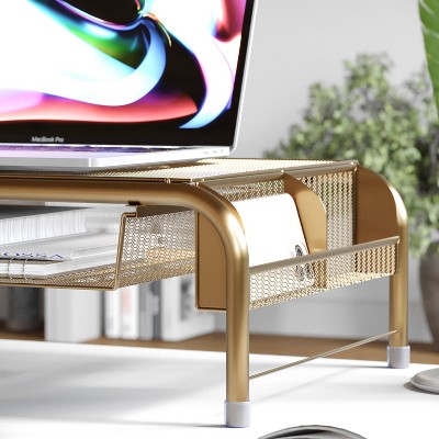 Gold Mesh Metal Desktop Monitor Stand Riser with Drawer
