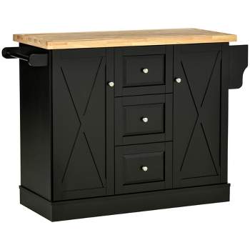 HOMCOM Farmhouse Mobile Kitchen Island Utility Cart on Wheels with Barn Door Style Cabinets, Drawers