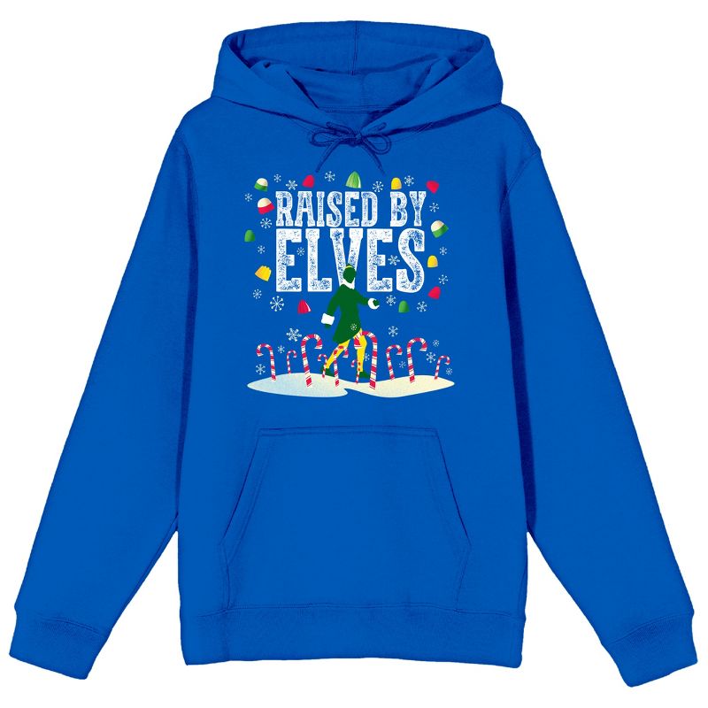 Elf Raised By Elves Long Sleeve Royal Blue Men's Hooded Sweatshirt, 1 of 4