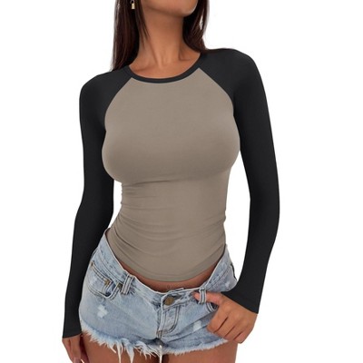 Women's Raglan Sleeve Shirts Slim Fit Long Sleeve Tee Stretchy Color Block Waist Cropped Basic Tops Sheath Tops for Women