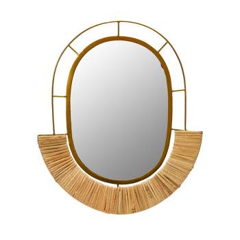 Storied Home Oval Modern Boho Metal and Cane Framed Wall Mirror Natural