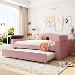 Twin/Full Size Upholstered Daybed with Storage Armrests, Trundle and Latest Integrated Bluetooth Audio System - ModernLuxe - 1 of 4