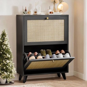 Angel Sar Rattan Shoe Cabinet, Shoe Storage Cabinet for Entryway with 2 Flip Drawers, Adjustable Shelves, Golden Handles & Sturdy Metal Legs, Black - 1 of 4