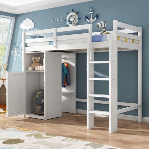 Twin Loft Bed, Solid Wood Twin Size Loft Bed Frame With Wardrobe, Storage Shelves, Ladder, Guardrails, Underneath Space For Boys Girls Teens - 1 of 4