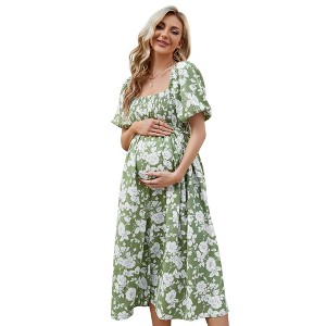Clearlove Women 2025 Puff Sleeve Square Neck Dresses Smocked Aline Ruffle Tiered Flowy Beach Dress - 1 of 4