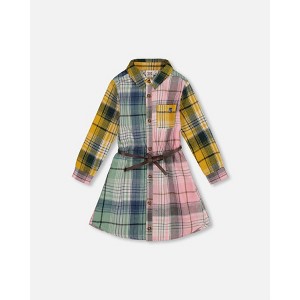 Deux par Deux Girl Shirt Dress with Belt Green Pink and Yellow - 1 of 4