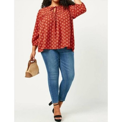 Women's Tie Neck Floral Printed Peasant Top - Plus - Hayden LA