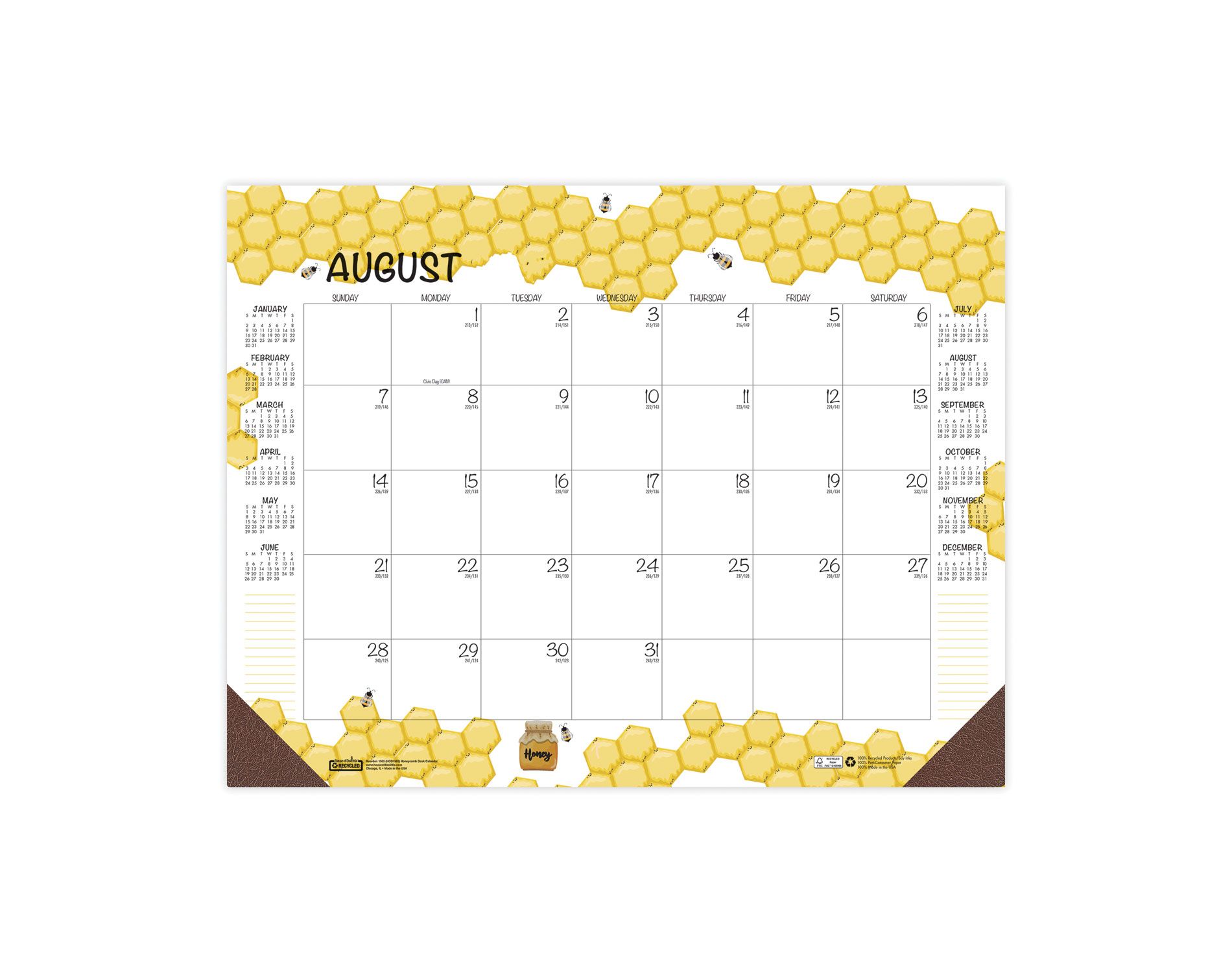 Academic Year Recycled Honeycomb Desk Pad Calendar, 22 x 17, White/Multicolor Sheets, 12-Month (Aug to July): 2025 to 2026