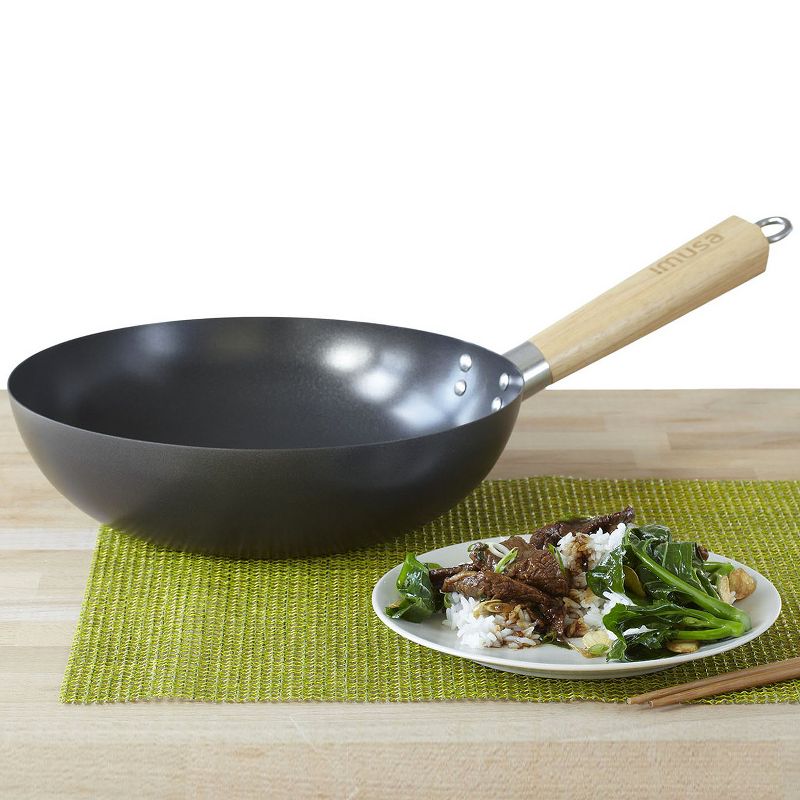 IMUSA 11" Carbon Steel Wok with Wooden Handle Black, 3 of 7