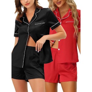 cheibear Women's 2 Packs Satin Button Down Sleepwear Shirt with Shorts Pajama Sets - 1 of 3