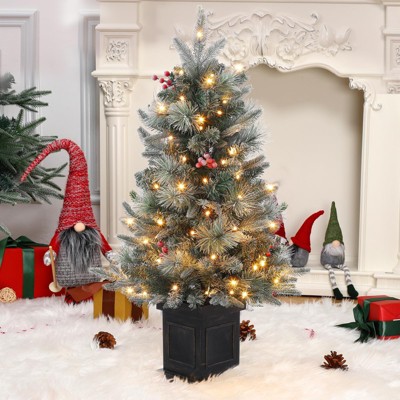 Homhougo 3FT Snow Flocked Christmas Tree with Red Berries and Square Black Base, Perfect Accent for Porch or Office