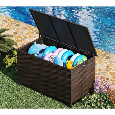 185 Gallon Large Deck Box Waterproof PE Rattan Outdoor Storage Box with Handles and Wheels, Storage Bin for Garden, Balcony, Porch, Pool, Yard