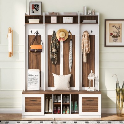 HDZNVF 5-in-1 Entryway Bench with Coat Rack, 7 Sturdy Hooks, 2 Spacious Drawers and Adjustable Shelves, Brown and White