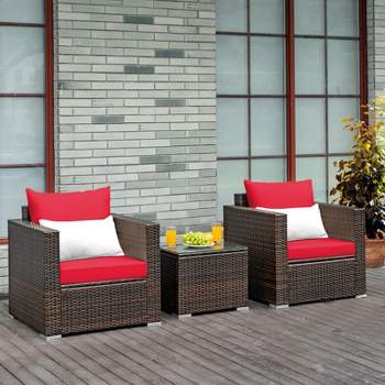 Costway 3PCS Patio Rattan Furniture Set Conversation Sofa Cushioned Turquoise\Red