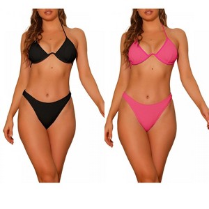 Elerevyo Women's Halter Underwire Ribbed Bikini Sets, 2 Piece Double Straps Tie Back Triangle Bottoms Swimwear Bathing Suits 2 Sets - 1 of 4