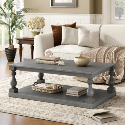 Vintage Coffee Table with Wood Legs, Pine Veneer Coffee Table, Storage Shelf Table for Living Room-Maison Boucle
