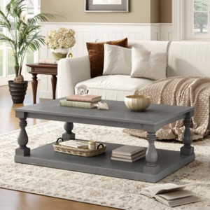 Vintage Coffee Table with Wood Legs, Pine Veneer Coffee Table, Storage Shelf Table for Living Room-Maison Boucle - 1 of 4