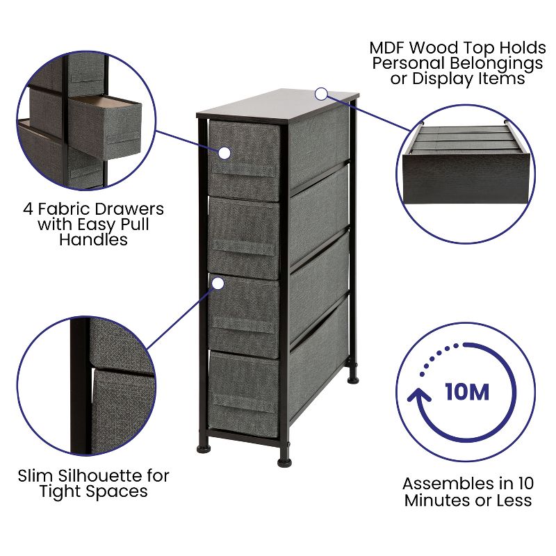 Emma and Oliver 4 Drawer Vertical Slim Storage Dresser-Wood Top & Fabric Pull Drawers, 4 of 12