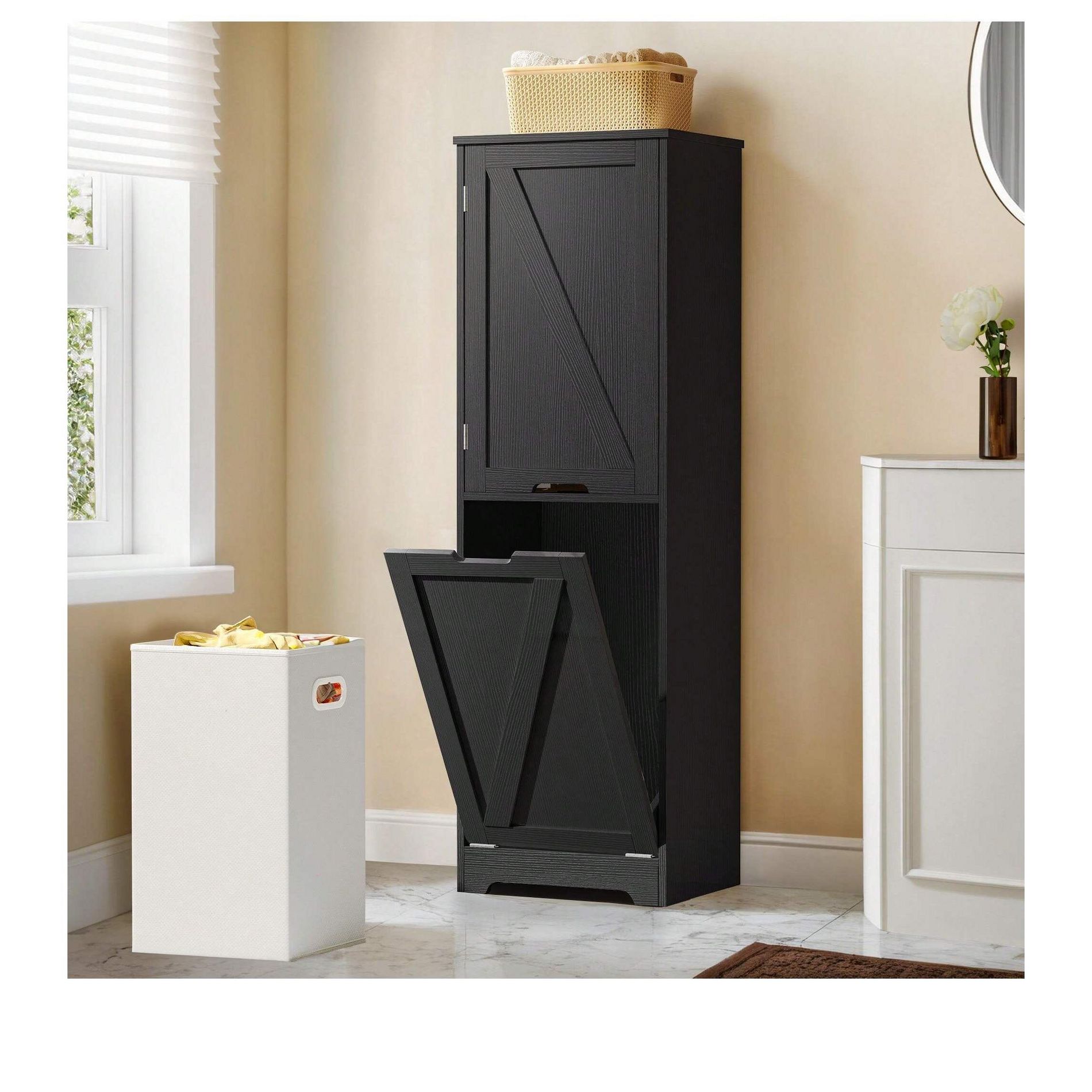 Bathroom Laundry Cabinet With Adjustable Shelves And Clothes Basket, Laundry Hamper Shelf For Laundry Room Bathroom