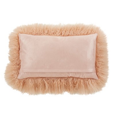 Peach Rectangular Wool Mongolian Lamb Fur Throw Pillow