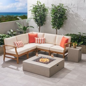 GDFStudio Biella Outdoor Acacia Wood 5 Seater Sectional Sofa Set with Fire Pit - 1 of 4