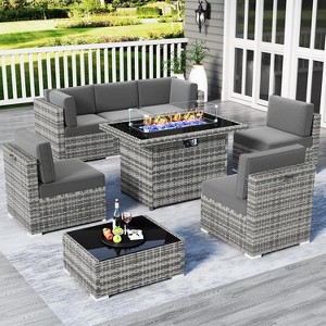 LayinSun 8 Piece Patio Furniture Set with 44" Propane Gas Fire Pit Table, Outdoor Sectional Conversation Set Wicker Rattan Sofa Set - 1 of 4