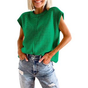 Womens Cap Sleeve Sweater Vest Crew Neck Knit Sleeveless Tank Tops Casual Lightweight Pullover Sweaters - 1 of 4