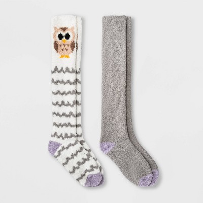 Women's Owl 2pk Cozy Knee High Socks - Ivory/Gray 4-10