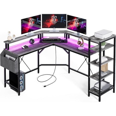 Nasitip 62" L-Shaped Gaming Desk with Monitor Stand, LED Lights & Power Outlets, Home Office Computer Desk with Storage