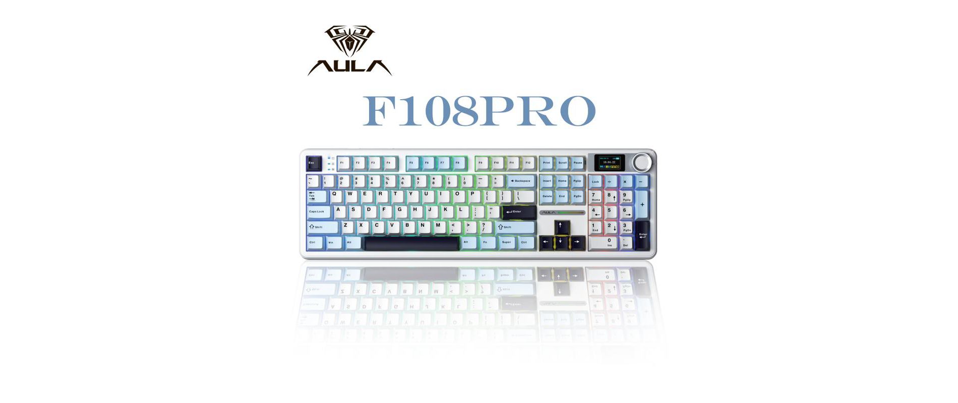 AULA F108 Pro, 104-Key Wireless Hot Swappable Mechanical Gaming Keyboard, RGB, Knob, 8000 mAH Battery, Digital Screen