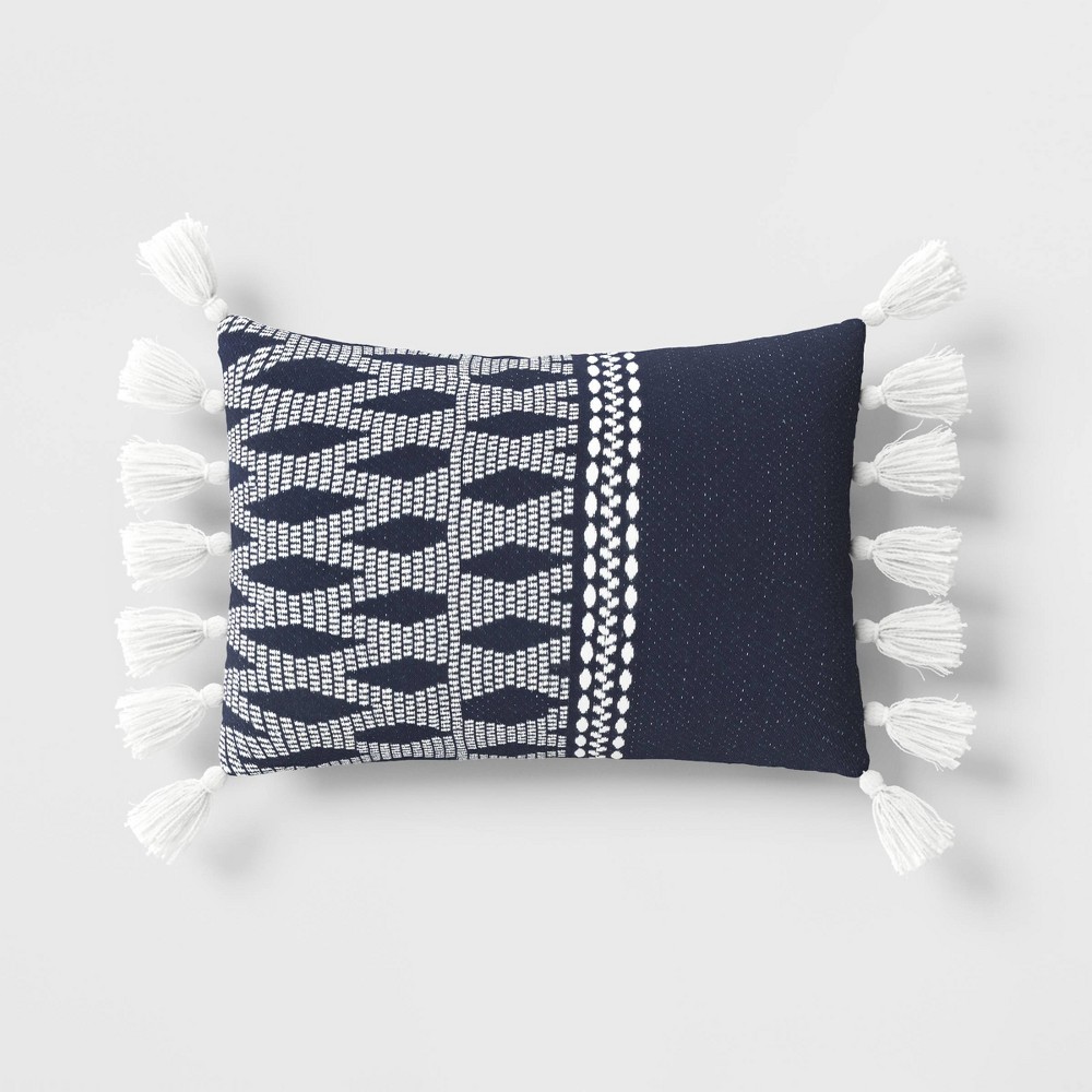 Photos - Pillow 14"x20" Lattice and Tassles Rectangular Outdoor Lumbar  Navy Blue 