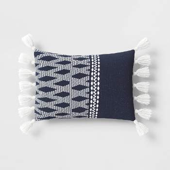 14"x20" Lattice and Tassles Rectangular Outdoor Lumbar Pillow Navy Blue - Threshold™